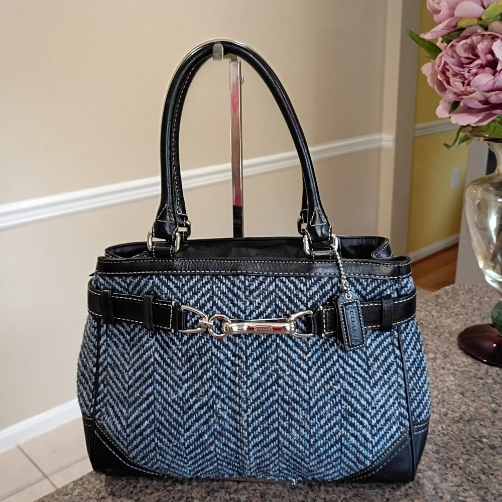 Coach Hampton Blue Black Wool Tweed Leather Trim Satchel - Picture 3 of 15